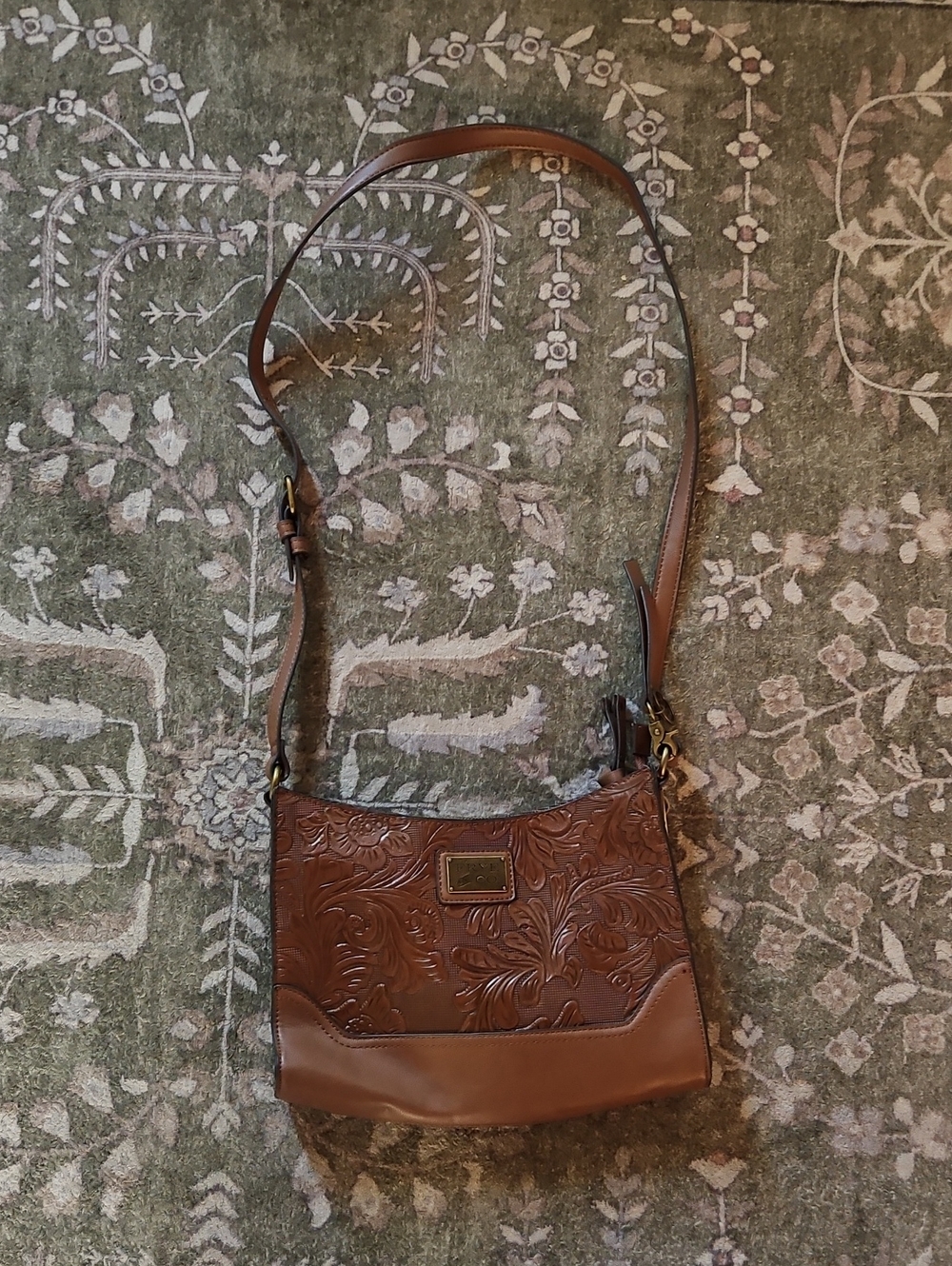FRYE AND CO. Brown Embossed Floral Leather Crossbody Bag - Picture 1 of 7